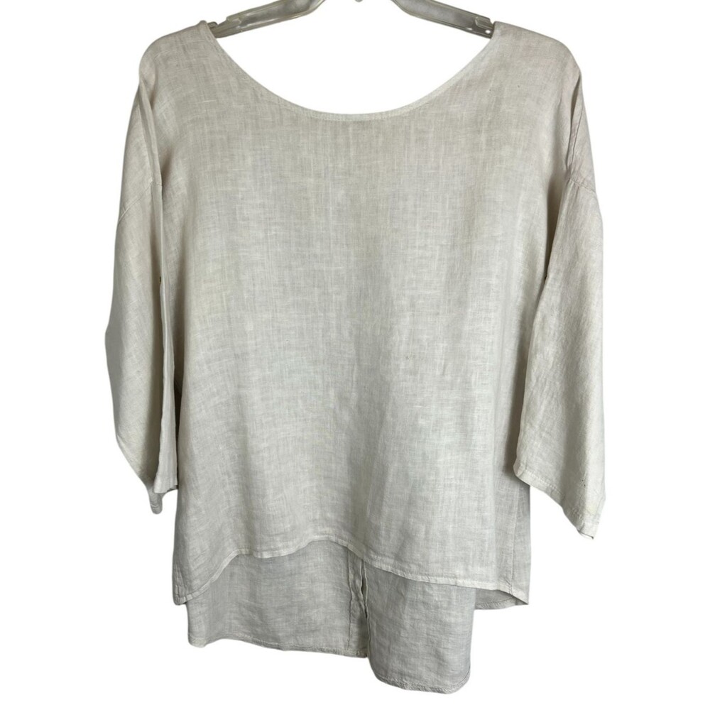 Terzo Millennio Beige Shirt Linen Tunic Top w Roll-Tab Sleeve Size M Lagenlook